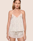 Model is wearing Washable Silk Printed Lace Cami & Short Set in Heart to Heart Black/Ivory