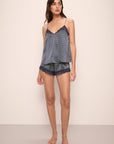 Model wears Inez Washable Silk Cami and Short Set in Petite Batik Indigo/Indigoblue.