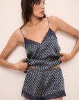 Model wears Inez Washable Silk Cami and Short Set in Petite Batik Indigo/Indigoblue.