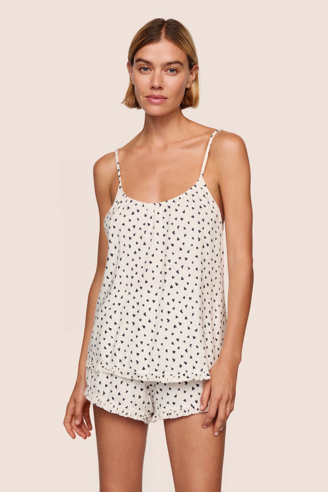 Model wearing Gisele TENCEL™ Printed Modal Ruffle Cami & Shortie Short Set in Heart to Heart Black