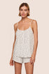 Model wearing Gisele TENCEL™ Printed Modal Ruffle Cami & Shortie Short Set in Heart to Heart Black