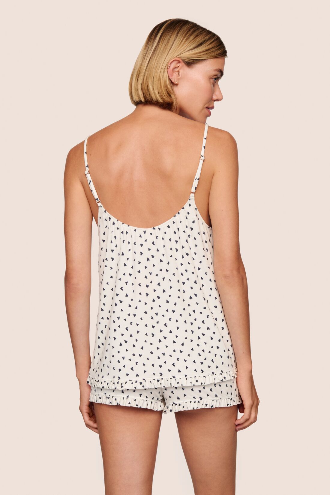 Model wearing Gisele TENCEL™ Printed Modal Ruffle Cami & Shortie Short Set in Heart to Heart Black