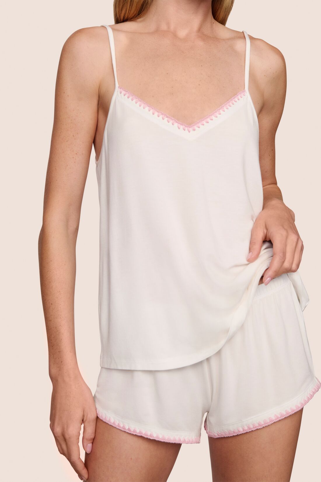 Model is wearing Frida TENCEL™ Modal Cami & Shortie Short PJ Set  in Ivory/Pink Nectar