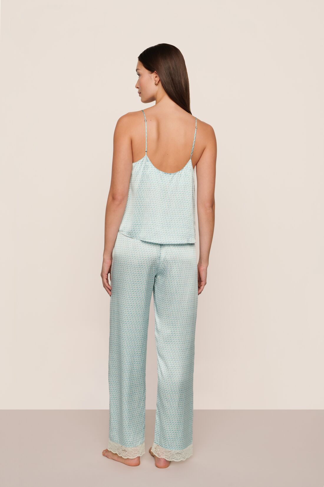 Model is wearing Washable Silk Printed Lace Cami & Short Set  in Seafoam Sky Blue Lagoon/Ivory