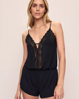 Image of model wearing Lara TENCEL™ Modal Romper in black.