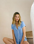 Model wearing Frida TENCEL™ Modal Shortie Short PJ Set in Cornflower Blue/White