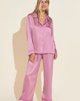 Model wears Inez Washable Silk Long PJ Set in Foxglove/Italian Rose.