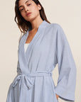 Model is wearing Nautico Midi Robe in Wedgewood Blue/White.