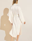 Model wears Inez Washable Silk Robe in Ivory.