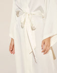 Model wears Inez Washable Silk Robe in Ivory.