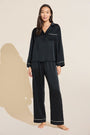 Model wears Inez Washable Silk Long PJ Set in Black/Champagne.