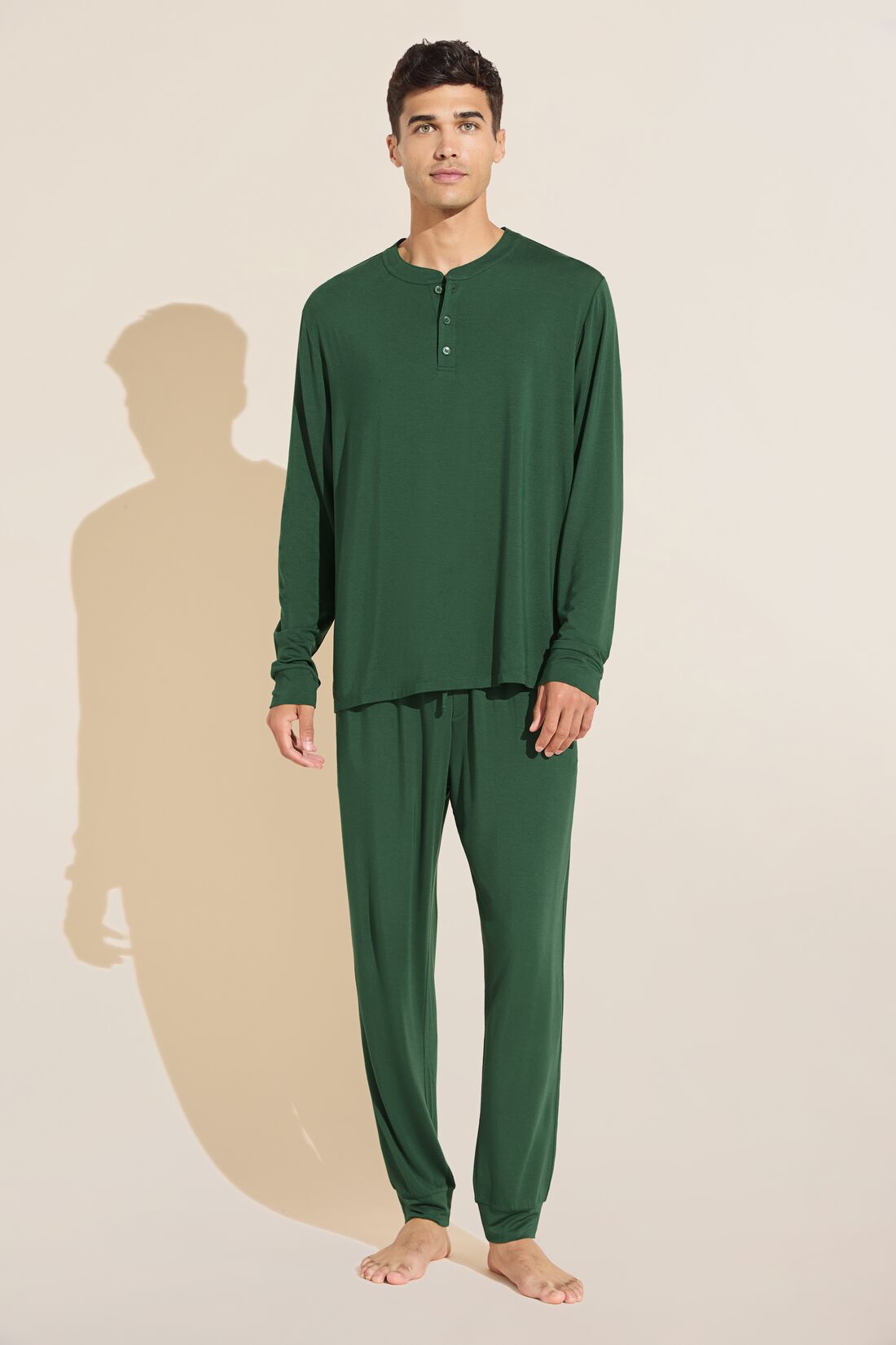 Model wears Henry TENCEL™ Modal Long PJ Set in Forest Green.