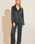 Model wears Inez Washable Silk Long PJ Set in Kelp/Ivory.