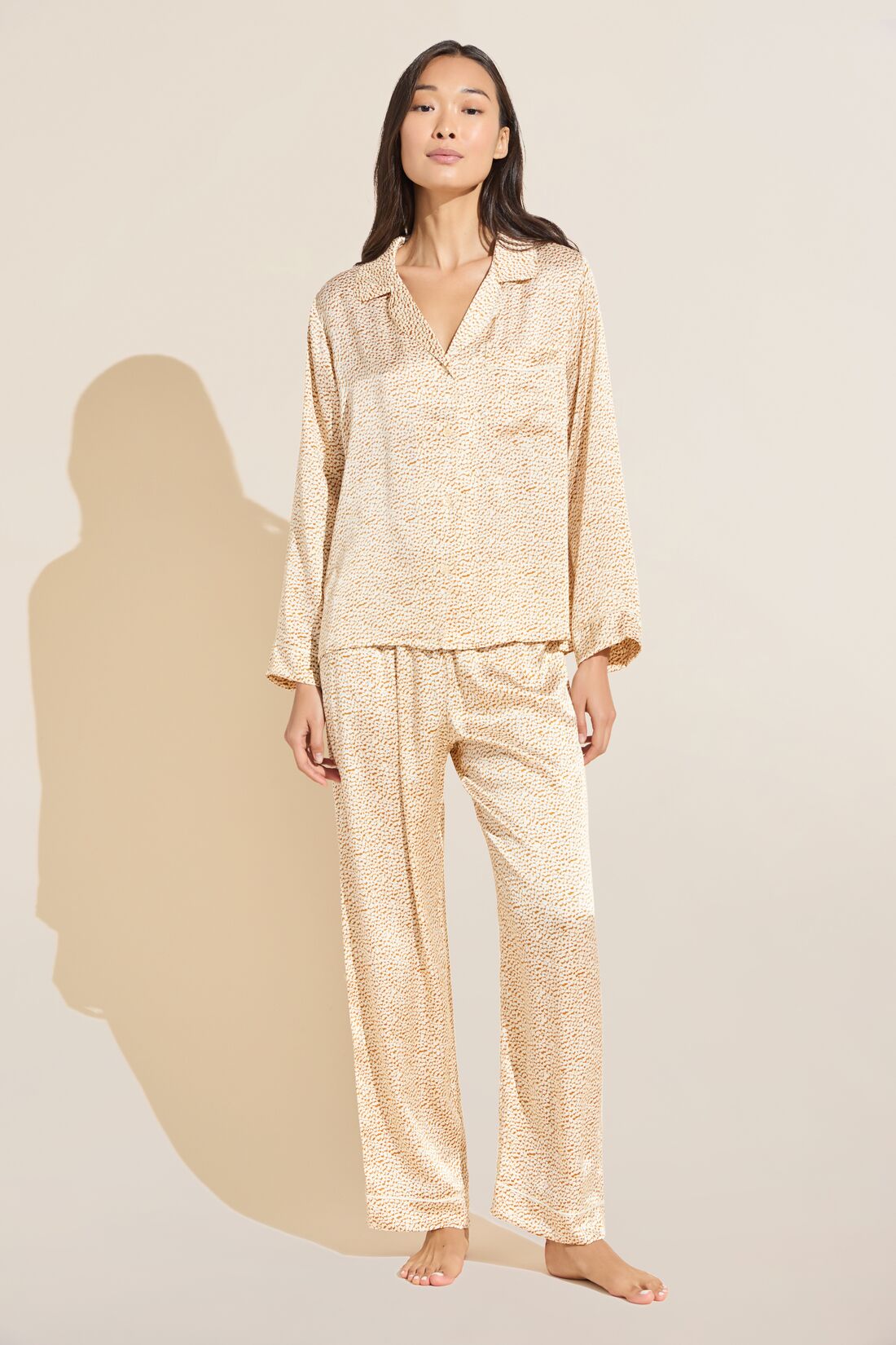 Model wears Inez Washable Silk Printed Long PJ Set in Mink Puff/Bone.