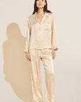 Model wears Inez Washable Silk Printed Long PJ Set in Mink Puff/Bone.