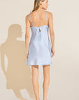 Model wears Inez Washable Silk Short Slip in Powder Blue.