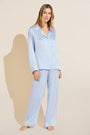 Model wears Inez Washable Silk Long PJ Set in Powder Blue/Champagne.