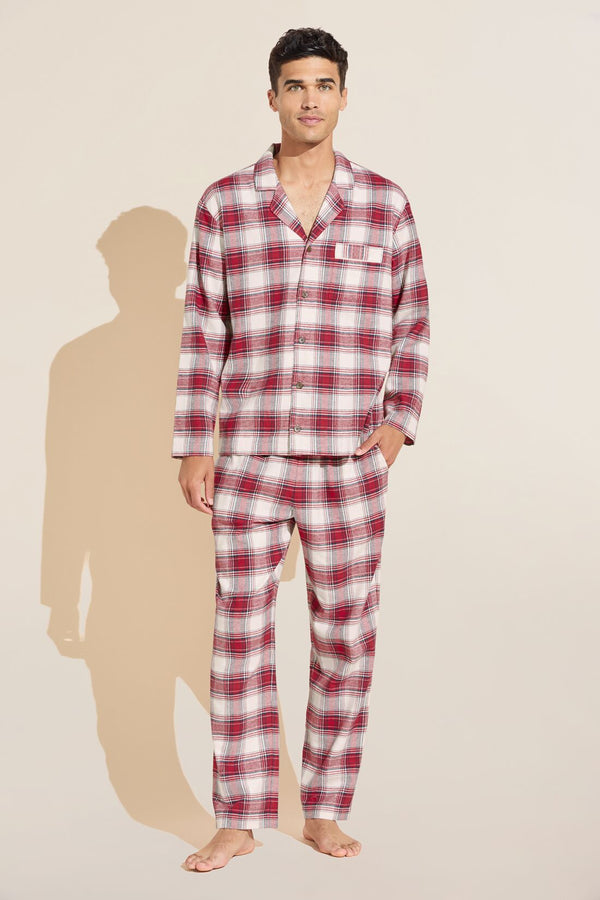 Mens Flannel Long PJ Set Tartan Plaid Haute Red Ivory