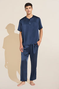 Charles Washable Silk Short Sleeve & Pant PJ Set - Navy
