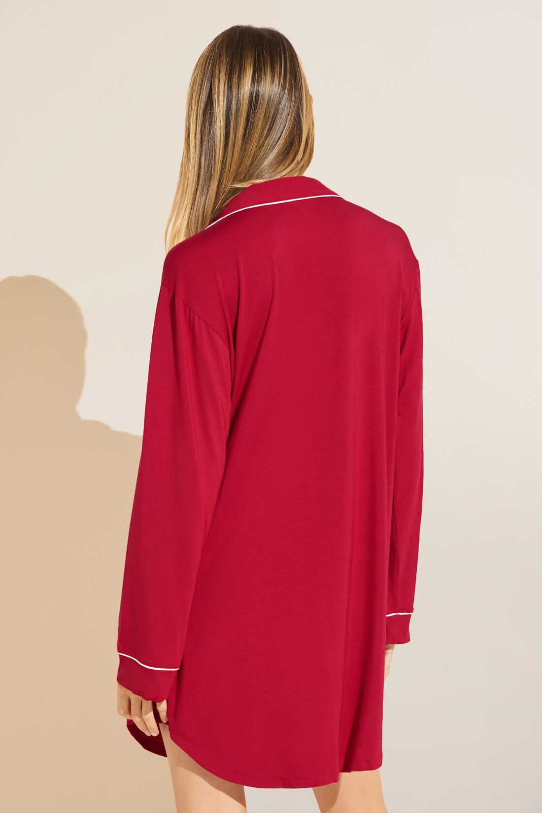 Model in Gisele Sleepshirt in Haute Red/Ivory 