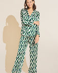 Model wears Inez Washable Silk Printed Long PJ Set in Mosaic Tile Forest Green/Navy. 