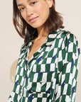 Model wears Inez Washable Silk Printed Long PJ Set in Mosaic Tile Forest Green/Navy. 