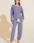 Model wears Gisele TENCEL™ Modal Effortless PJ Set in delphinium/ivory. 