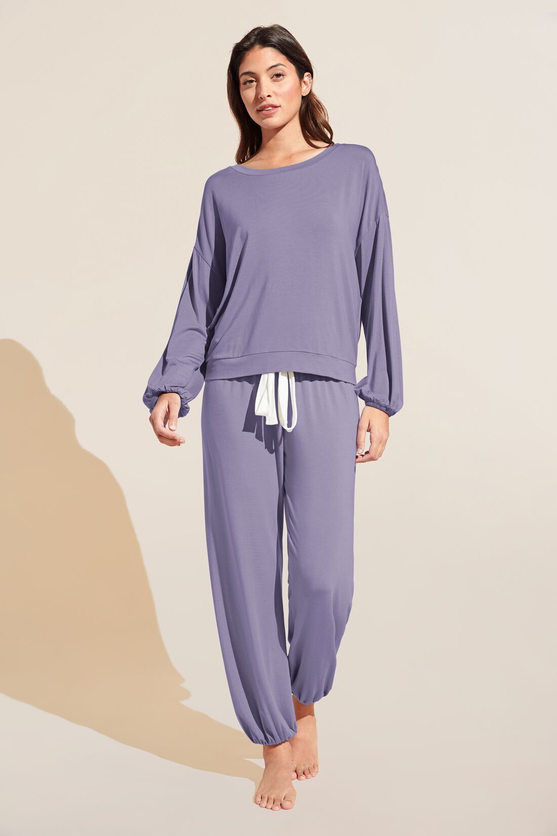 Model wears Gisele TENCEL™ Modal Effortless PJ Set in delphinium/ivory. 