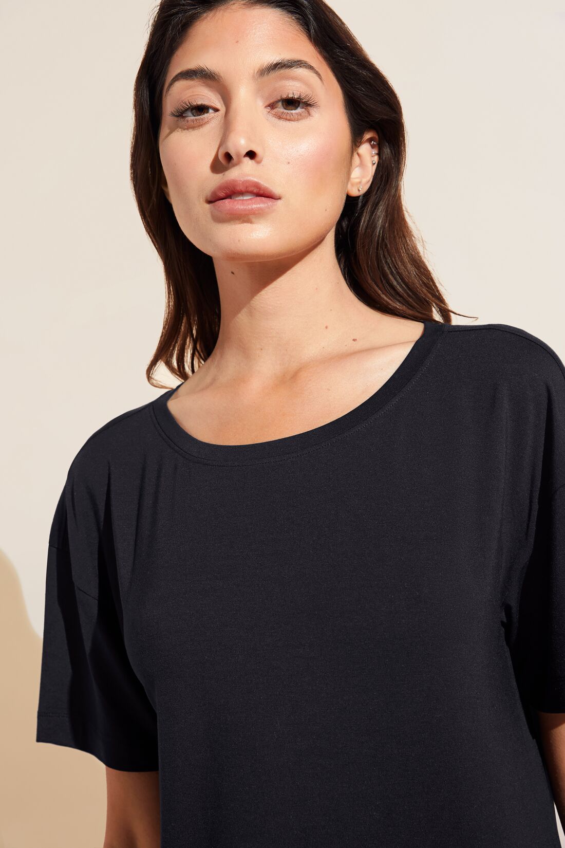 Model wears Gisele TENCEL™ Modal Everyday Short Sleeve Sleepshirt in black.