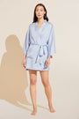 Model wears Inez Washable Silk Short Robe in Powder Blue.