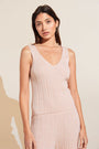 Model wears Infinite Organic Cotton Blend Sweater Rib V-Neck Tank in Peach Parfait.