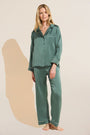 Model wears Inez Washable Silk Long PJ Set in Agave/Surf Spray.