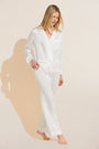 Model wears Inez Textured Washable Silk Long PJ Set in Pearl.