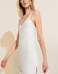 Model wears Inez Textured Washable Silk Short Slip in Pearl.