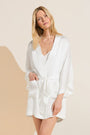 Model wears Inez Textured Washable Silk Short Robe in Pearl.