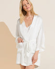 Model wears Inez Textured Washable Silk Short Robe in Pearl.