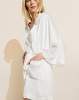 Model wears Inez Textured Washable Silk Short Robe in Pearl.