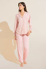 Model wears Gisele Printed TENCEL™ Modal Long PJ Set in Double Diamond Rouge Pink/Rouge.