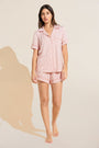 Model wears Gisele Printed TENCEL™ Modal Relaxed Short PJ Set in Double Diamond Rouge Pink/Rouge.