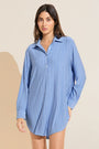 Model wears Gisele Printed TENCEL™ Modal Boyfriend Sleepshirt in Nordic Stripe Vista Blue.