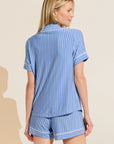 Model wears Gisele Printed TENCEL™ Modal Relaxed Short PJ Set in Nordic Stripes Vista Blue/Ivory.