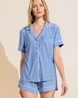 Model wears Gisele Printed TENCEL™ Modal Relaxed Short PJ Set in Nordic Stripes Vista Blue/Ivory.