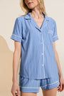 Model wears Gisele Printed TENCEL™ Modal Relaxed Short PJ Set in Nordic Stripes Vista Blue/Ivory.