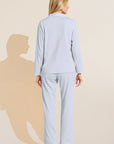 Model wears Organic Pima Cotton Notch Collar Top & Pant PJ Set in Ice Blue.