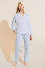 Model wears Organic Pima Cotton Notch Collar Top & Pant PJ Set in Ice Blue.