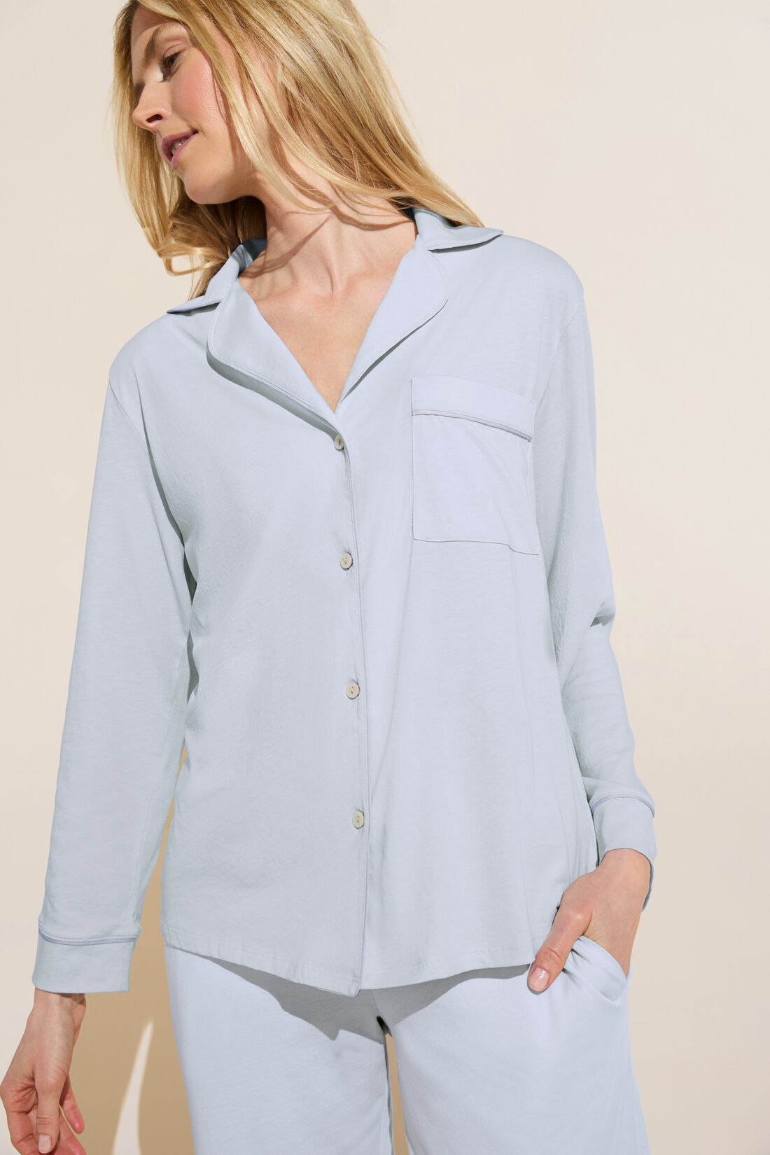 Model wears Organic Pima Cotton Notch Collar Top & Pant PJ Set in Ice Blue.