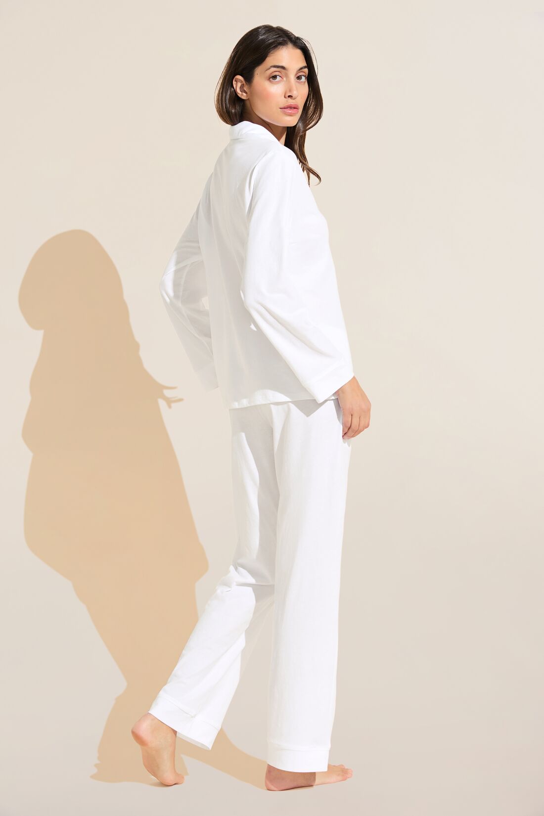 Model wears Organic Pima Cotton Notch Collar Top & Pant PJ Set in White.