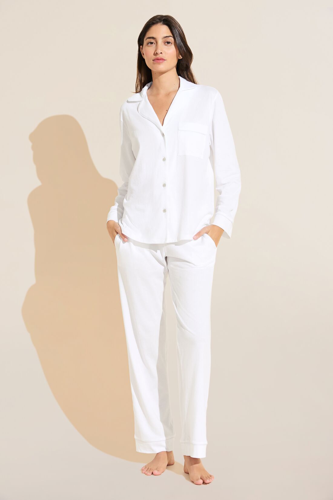 Model wears Organic Pima Cotton Notch Collar Top & Pant PJ Set in white.