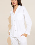 Model wears Organic Pima Cotton Notch Collar Top & Pant PJ Set in White.