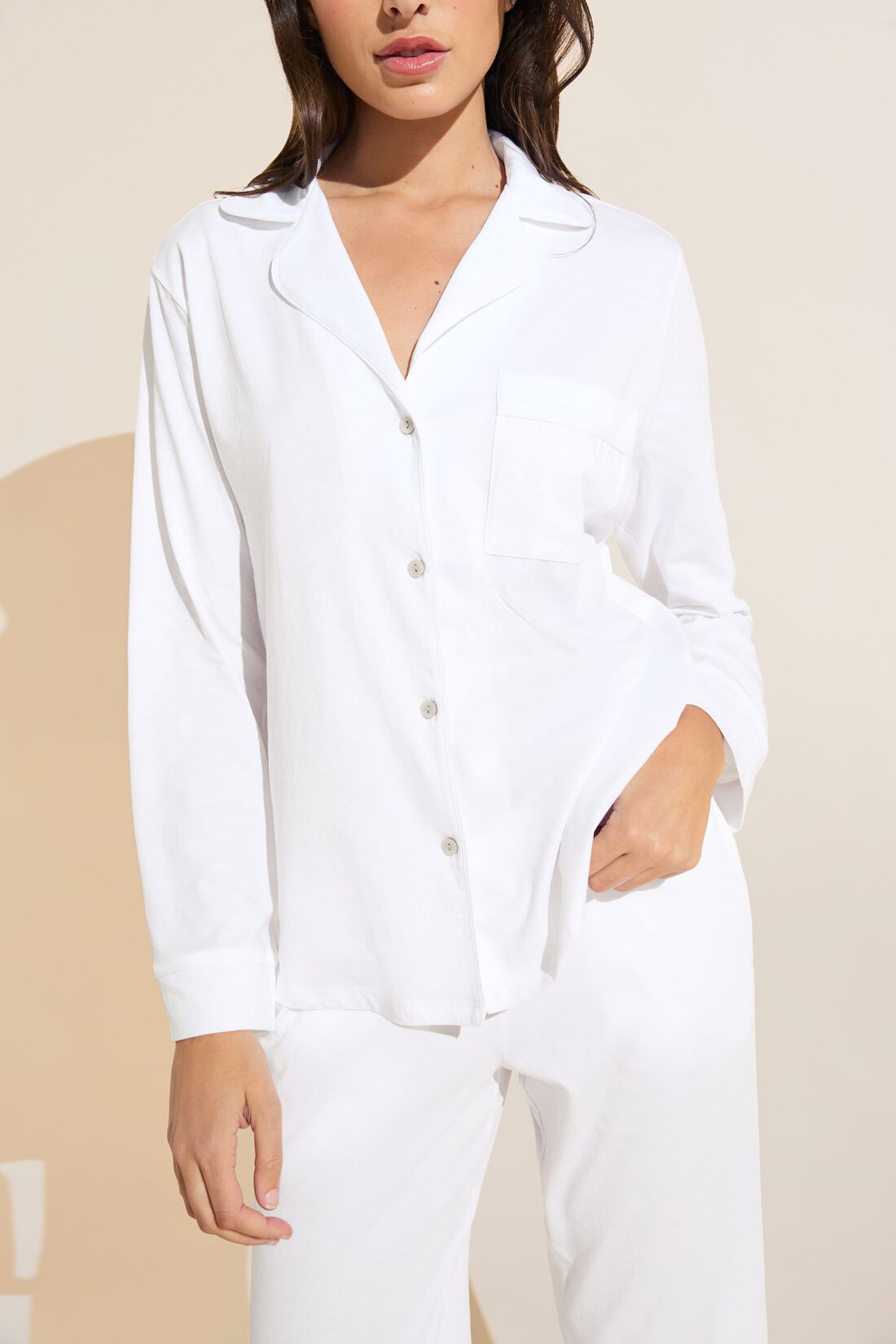 Model wears Organic Pima Cotton Notch Collar Top &amp; Pant PJ Set in White.